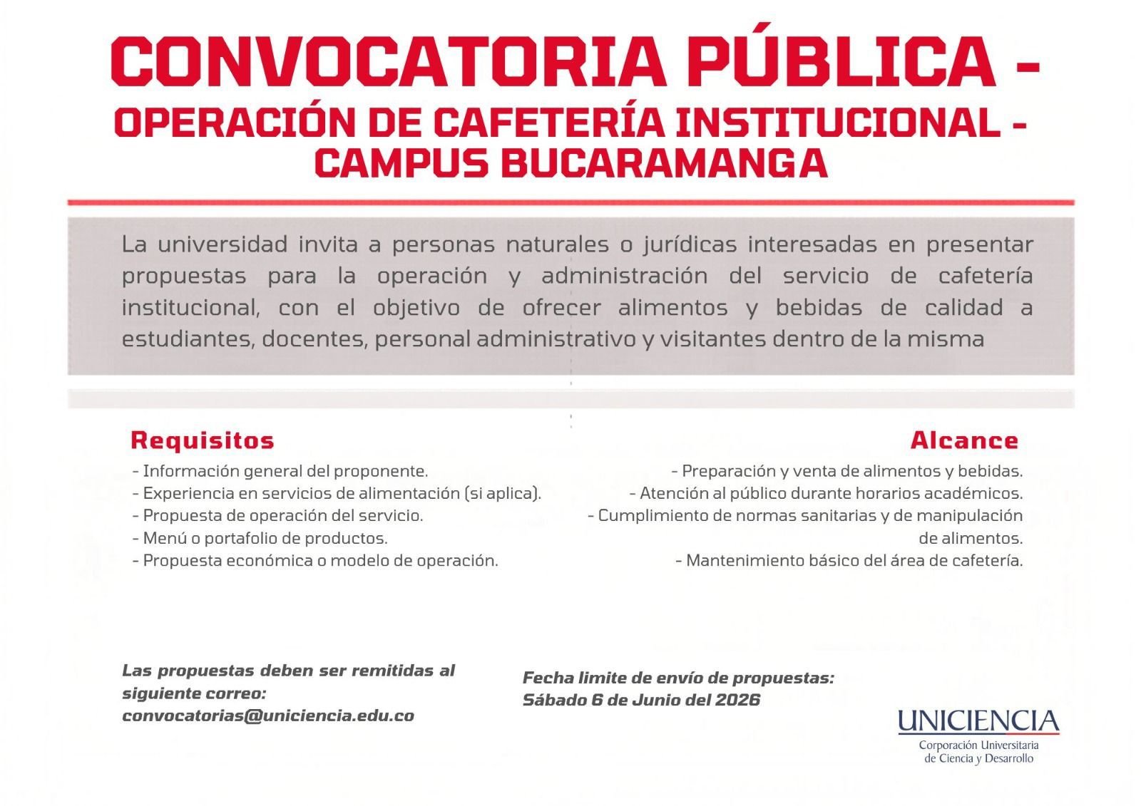 Convocatoria operación de cafetería Institucional - Mayo 2026