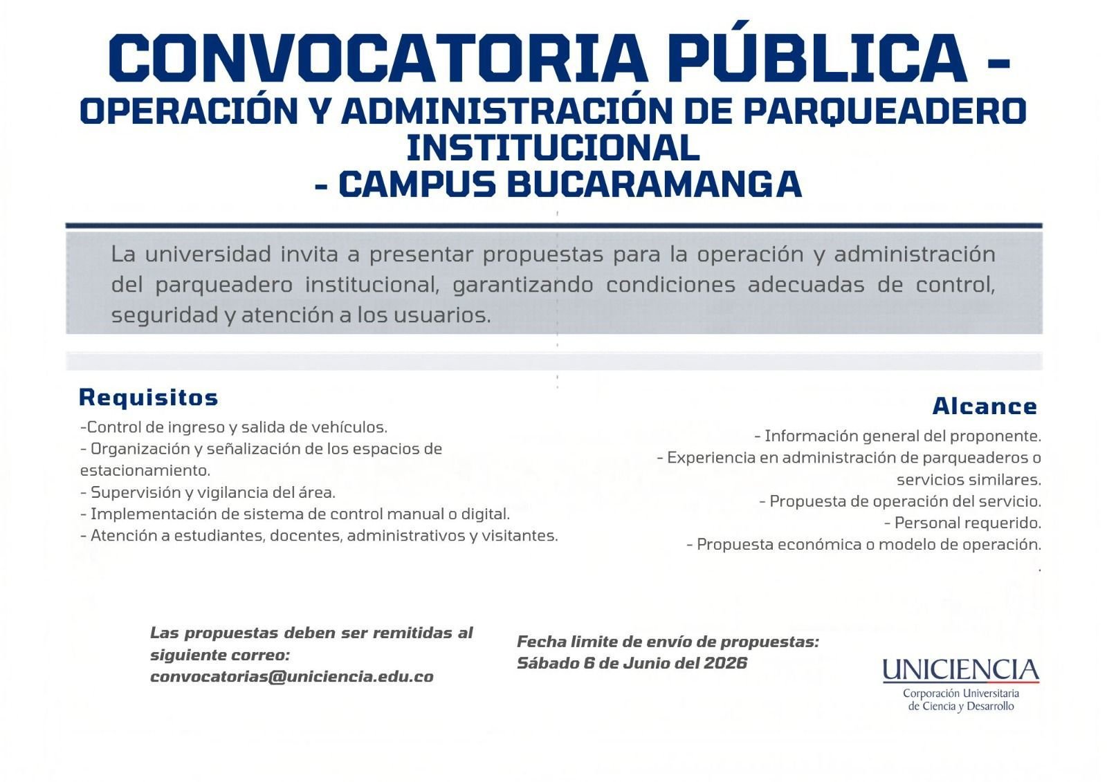 Convocatoria operación y administración de parqueadero Institucional - Mayo 2026