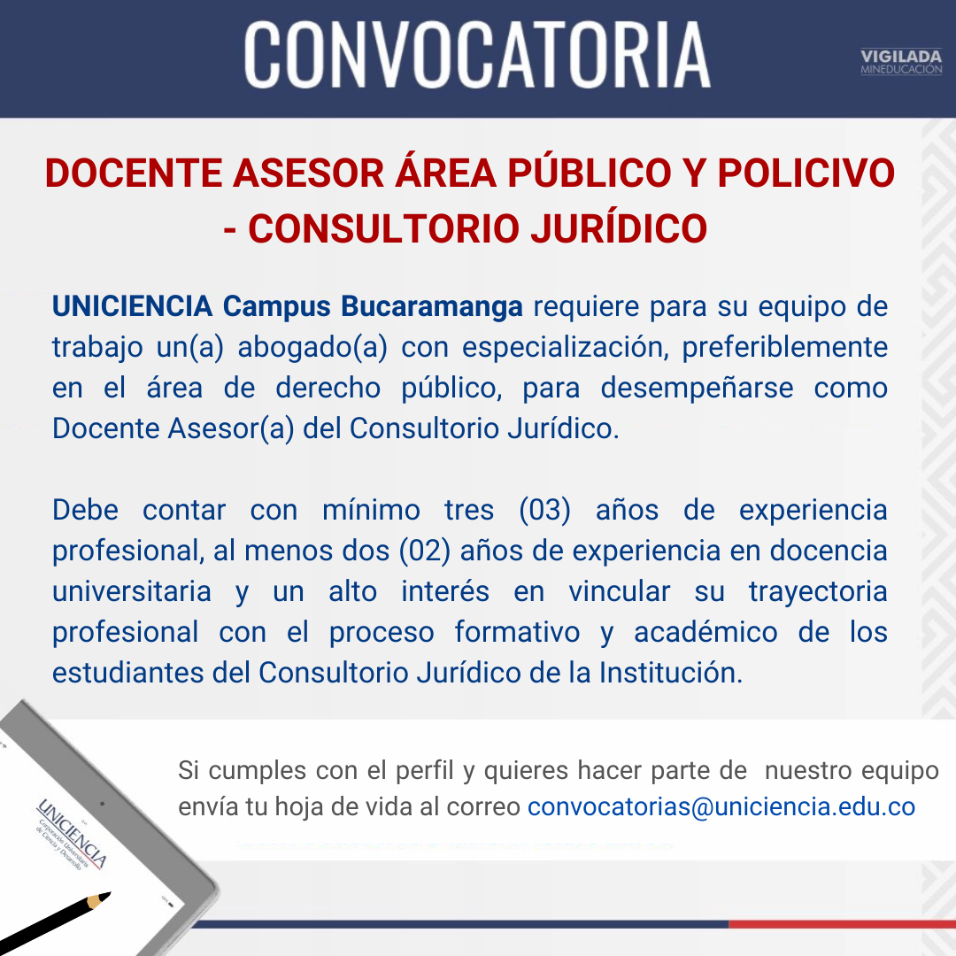 Convocatoria Docente Asesor(a) Área Público y Policivo - Consultorio Jurídico - Bucaramanga Febrero 2026
