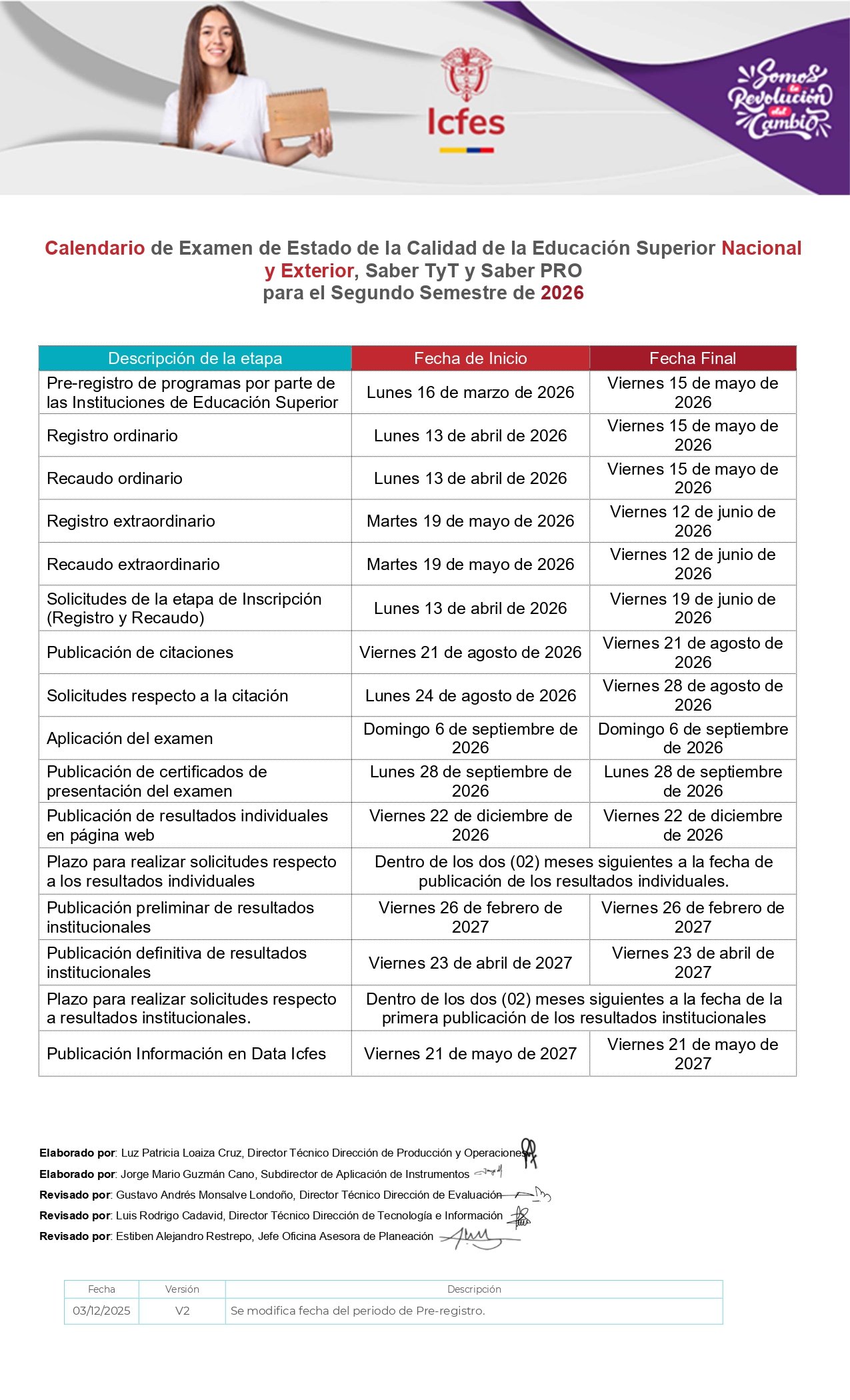 Calendario saber pro 2026 - II